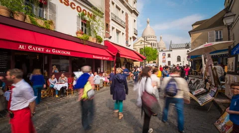 Cafe street and Dome of Sacre Coeur, Montmartre, Paris, France, Europe - TL Stock Footage