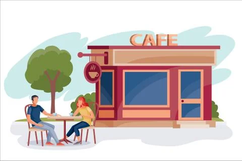 In a cafe on a street with a tree at a table, a man and a woman are sitting next Illustrazione stock