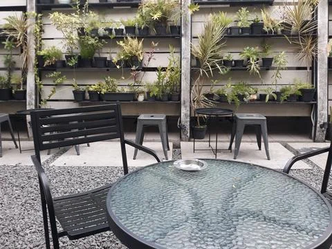 A café table and chairs with stone floors and plant decorations on the walls Photos