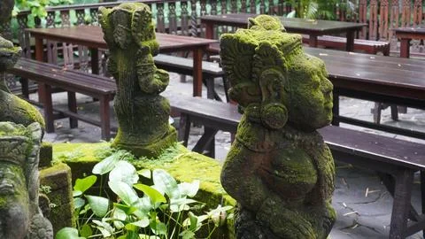 A café table and chairs with stone floors and plant decorations on the walls Fotos Stock