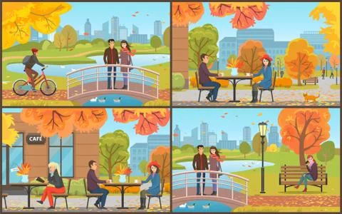Cafe Table and Coffee Cups Autumn Park Vector Ilustração Stock