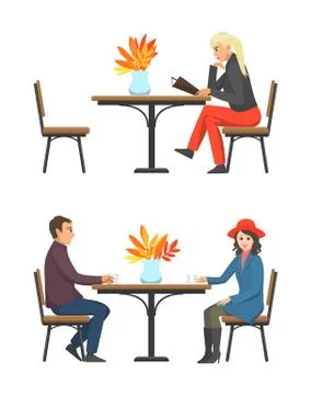 Cafe Table and Customers Drinking Tea Set Vector イラスト素材