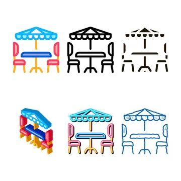 Cafe table styles chairs and umbrella icon vector outline Stock Illustration