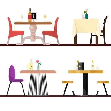 Cafe tables in restaurant setting vector dining furniture table and chair for Stock Illustration