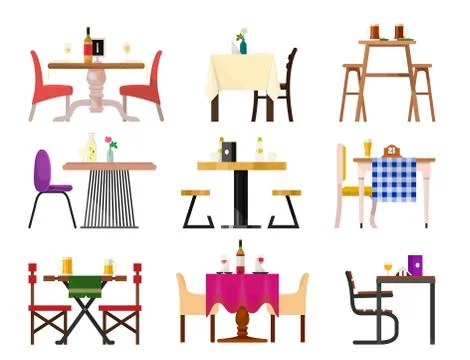 Cafe tables in restaurant setting vector dining furniture table and chair for Stock Illustration