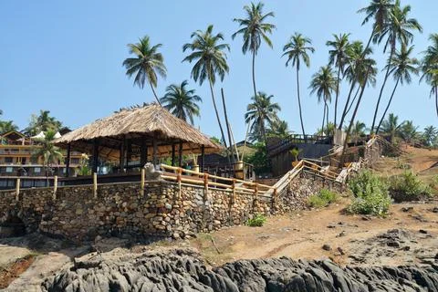 Cafe on the Vagator beach Stock Photos