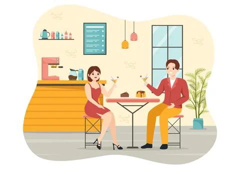 Cafe Vector Illustration of Interior with Bar stand, Table and Armchairs in.. Illustrazione stock