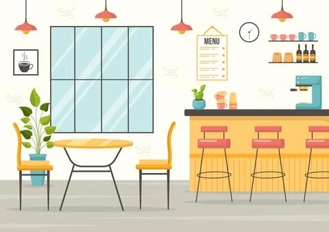 Cafe Vector Illustration of Interior with Bar stand, Table and Armchairs in.. Illustrazione stock