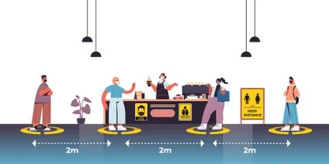 Cafe visitors in protective masks keeping distance to prevent coronavirus social Stock Illustration