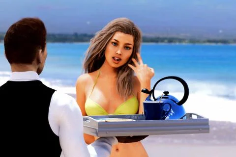 Cafe waiter bringing a tea set to blondie girl Stock Illustration
