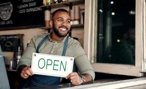 Cafe, window or happy man with open sign for small business startup, welcom.. Stock Photos