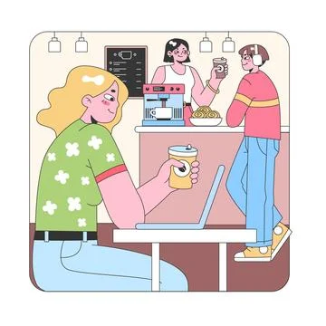 Cafe workspace vibe. Flat vector illustration. イラスト素材