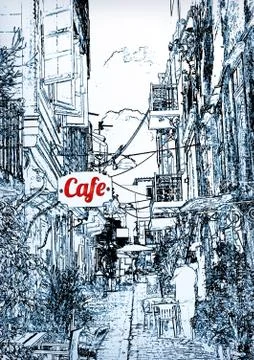Cafes in the old city Stock Illustration