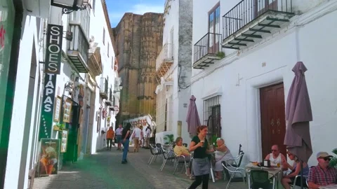 Cafes in old town of Arcos, Spain Stock Footage 130700643
