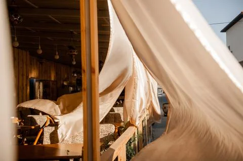 Cafes on the sea without people, developing fabrics Photos