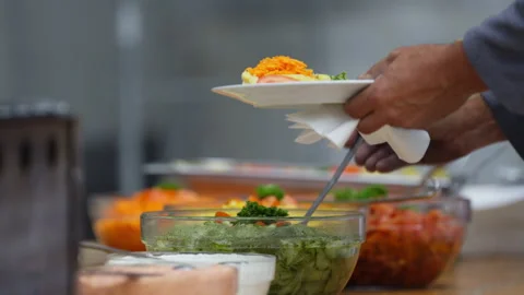 Cafeteria - Serving Fresh Salad at Self-Service Buffet Stock Footage 336014503
