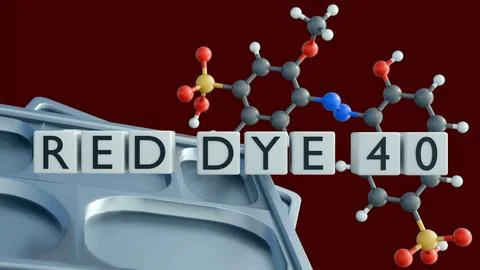Cafeteria tray, blocks spelling out "RED DYE 40" and molecular of Allura Red AC. Stock Illustration