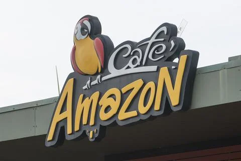 Caffe Amazon logo close-up. Cafe chain. Thailand, Phang Nga March 2, 2023. Stock-Fotos
