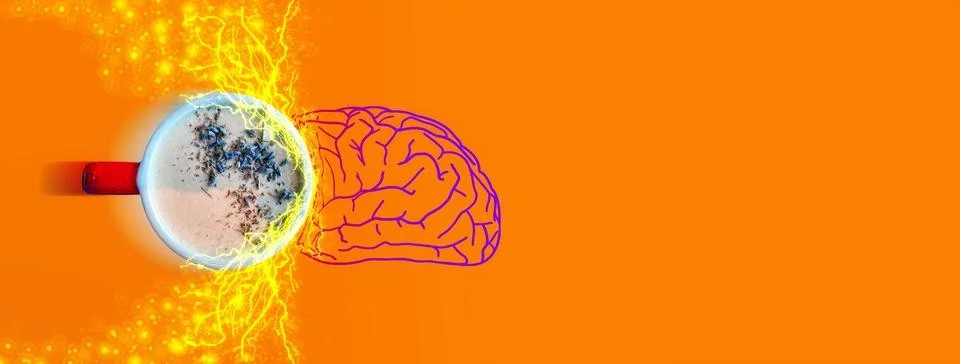 Caffeine interaction with human brain: a strike of red cup with hot coffee to Stock Illustration