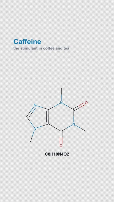 Caffeine Molecular Structure Labeled Chemistry Alpha 4K Vertical 9x16 Light Stock Footage 340007594