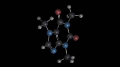 Caffeine molecule 3D building and rotating on black, 4K scientific loop Vídeos de archivo 344702002