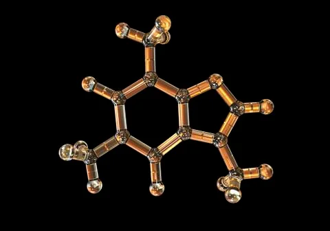 Caffeine molecule, illustration. Caffeine is found in coffee, tea, energy dri Stock Illustration