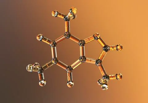 Caffeine molecule, illustration. Caffeine is found in coffee, tea, energy dri Stock Illustration