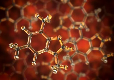 Caffeine molecule, illustration. Caffeine is found in coffee, tea, energy dri Stock Illustration