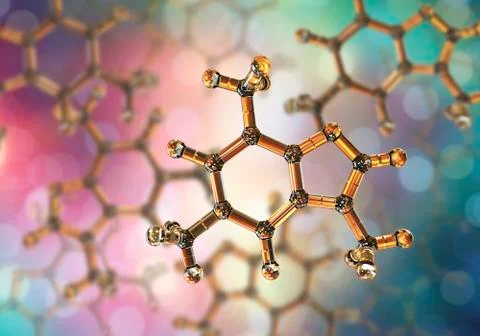 Caffeine molecule, illustration. Caffeine is found in coffee, tea, energy dri Stock Illustration
