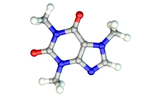 Caffeine molecule, illustration. Caffeine is found in coffee, tea, energy dri Stock Illustration