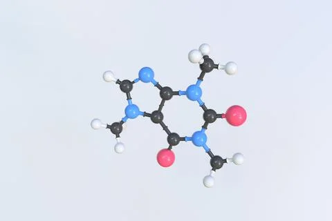 Caffeine molecule. Isolated molecular model. 3D rendering Stock Illustration