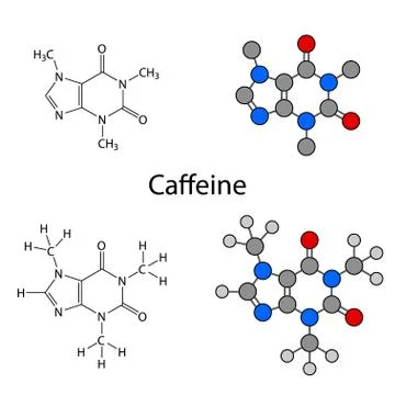 Caffeine molecule - structural chemical formulas and models Stock Illustration