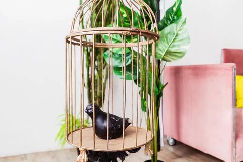 A cage with an artificial bird inside as an element of decor in interior desi Stock Photos