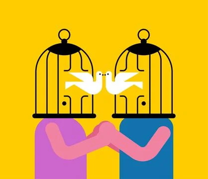 Cage for lovers with dove instead of head. concept of sincere and pure love Stock Illustration