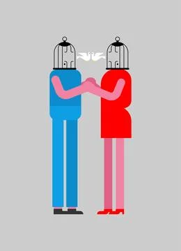 Cage for lovers with dove instead of head. concept of sincere and pure love Stock Illustration