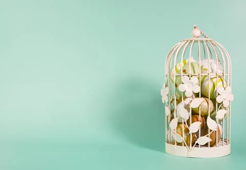 Cage with pinted eggs, copy space for seasional greetings Stock Photos