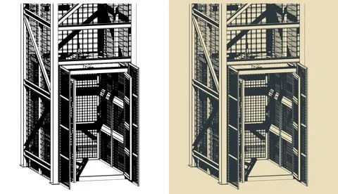 Caged industrial elevator Stock Illustration