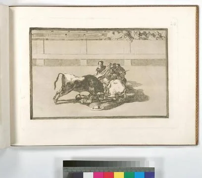 Caida de un picador de su caballo debajo del toro.. Goya, Francisco (1746-... Stock Photos