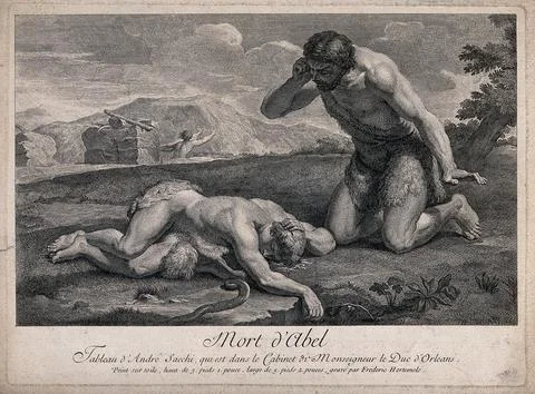 Cain bends over the dead Abel; Cain flees in the background. Etching by F. .. 스톡 일러스트