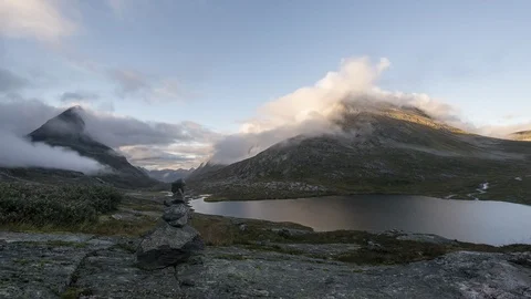 Cairn in front of mountain Stock Footage 87959702