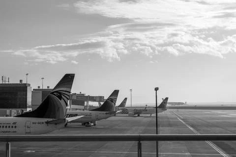 Cairo, Egypt: 1-25-2023: Egyptair planes at an airport Stock-Fotos