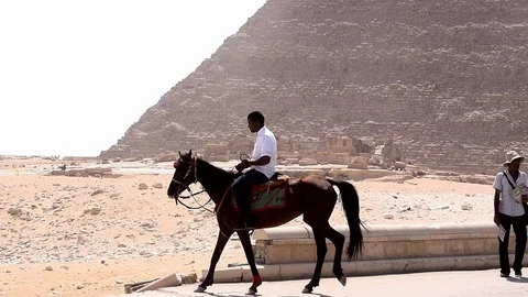 CAIRO, EGYPT - August 04, 2017: Tourists ride horses in front of Giza Pyramids Video stock 79606866