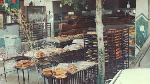 Cairo, Egypt. Bread shop in the open air in the city center. Stock Footage 166890581