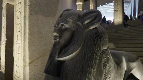 Cairo, Egypt - February 10, 2026: Dark granite sphinx statue with pharaoh face Stock Footage 337190892