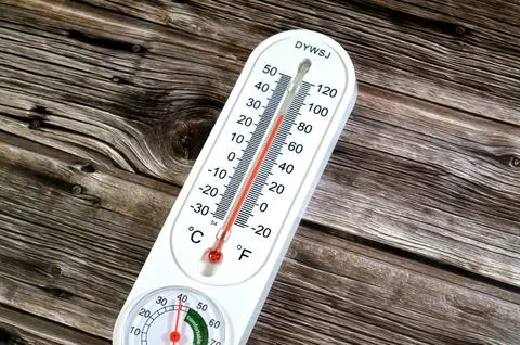 Cairo, Egypt, May 15 2026: a classic analog vertical thermometer, displayin.. Stock Photos