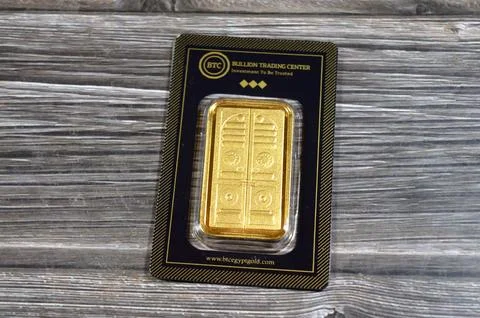 Cairo, Egypt, May 2 2025: Kaaba door shape 50 Grams 24K karat BTC Bullion T.. Stock Photos