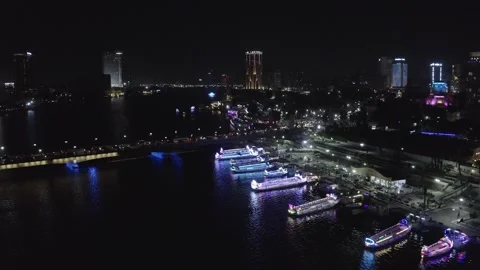"Cairo, Egypt Nile drone night view, Qasr El Nile Bridge &amp; boats, 2 Oc. 23" Stock Footage 311766203