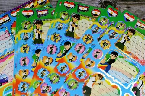 Cairo, Egypt, September 27 2023: Adhesive notebook stickers for kids, schoo.. 스톡 사진