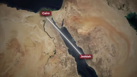 Cairo to Jeddah Airplane Flight Path Animation on Satellite Map Background Stock Footage 341494117