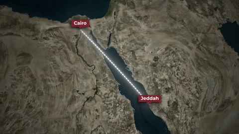 Cairo to Jeddah Flight Route Animation on 3D Earth Satellite Map Stock Footage 341494116